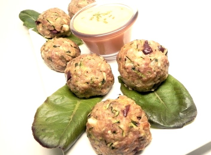 Turkey Zucchini Meatballs with Roasted Pepper Dipping Sauce